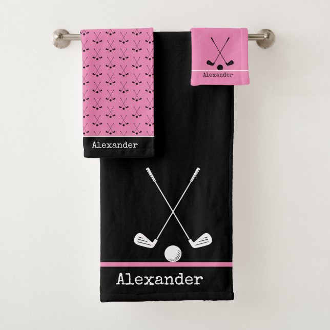 Monogrammed name golfing sport pink black bath towel set (Insitu)