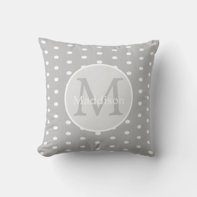 Monogrammed Name Grey White polka dot pattern   Cushion (Front)