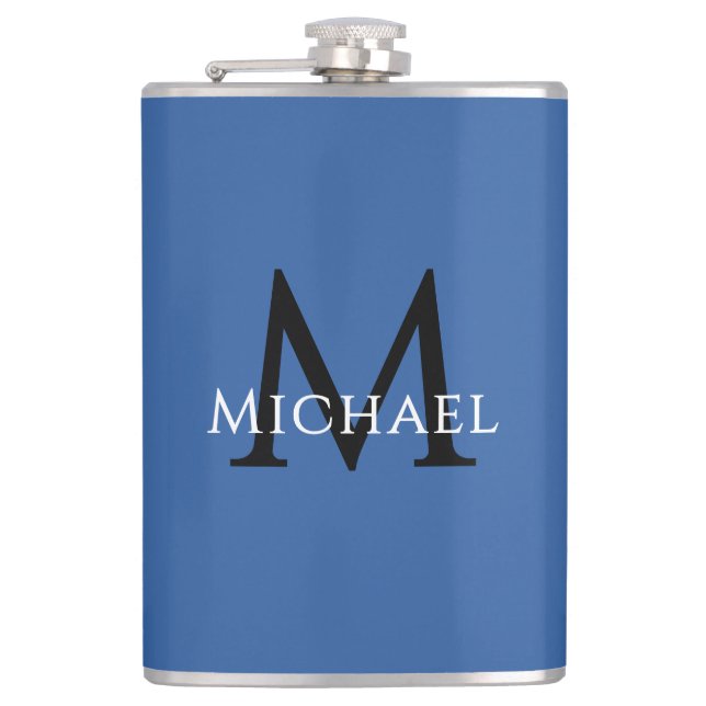 Monogrammed Name Initial Black Blue Custom Hip Flask (Front)