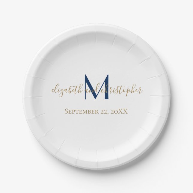 Monogrammed Name Initials Blue Gold Wedding  Paper Plate (Front)