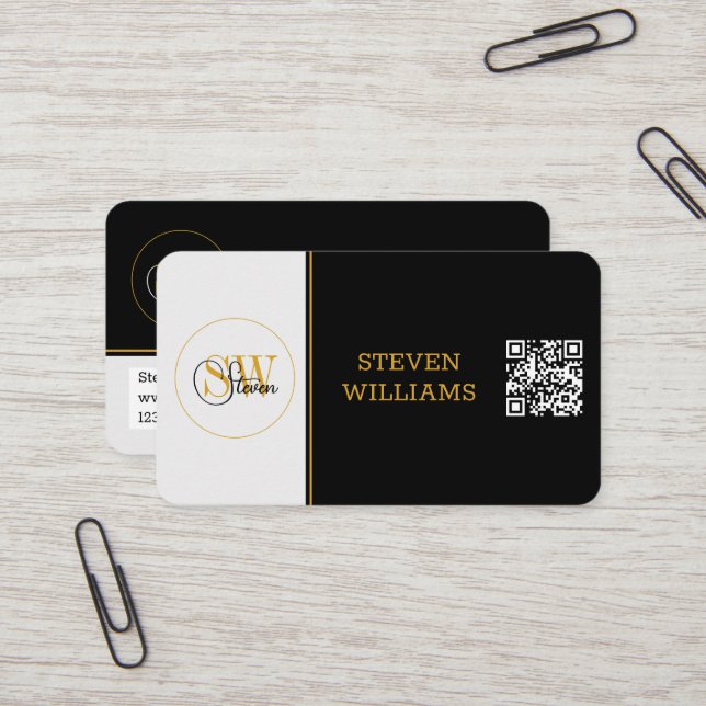 Monogrammed Name & Modern Signature / QR Code Business Card (Front/Back In Situ)