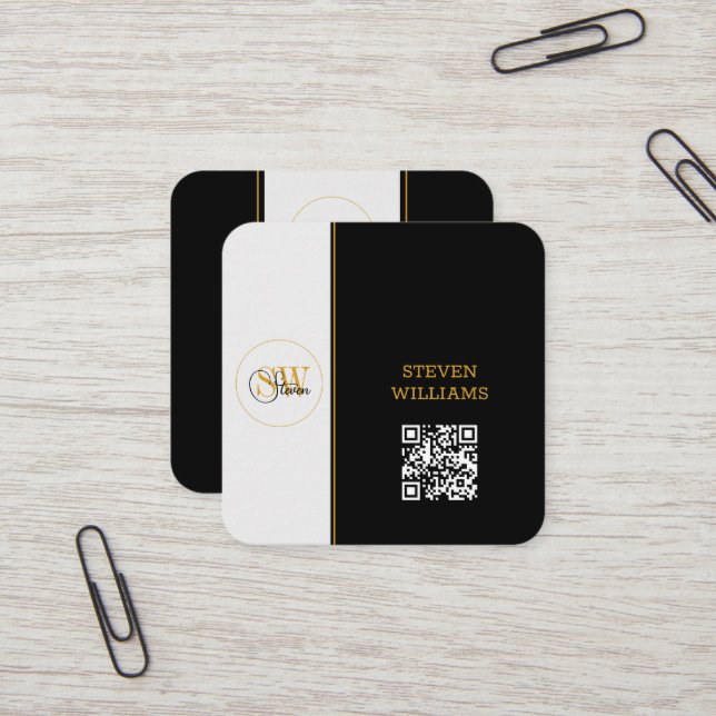 Monogrammed Name & Modern Signature / QR Code Square Business Card (Front/Back In Situ)