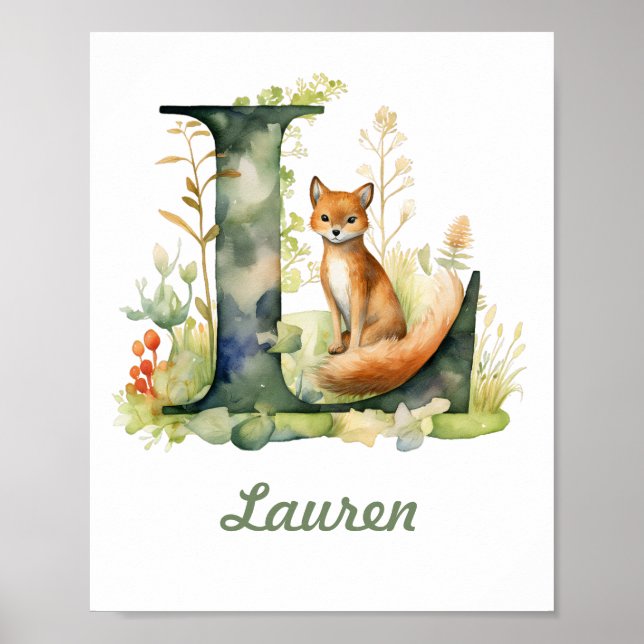 Monogrammed Name Nursery Poster Woodland Letter L (Front)