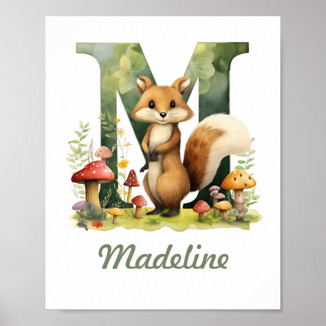 Monogrammed Name Nursery Poster Woodland Letter M (Front)