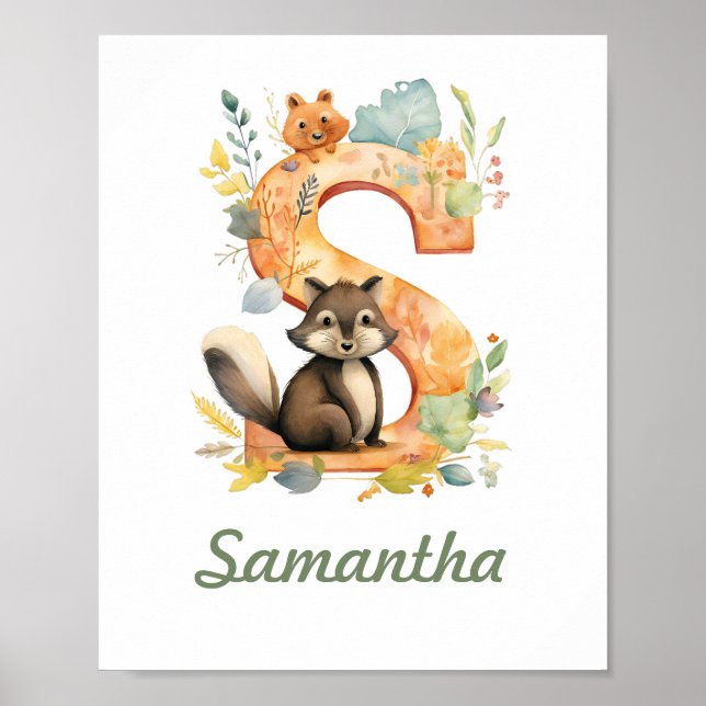 Monogrammed Name Nursery Poster Woodland Letter S (Front)