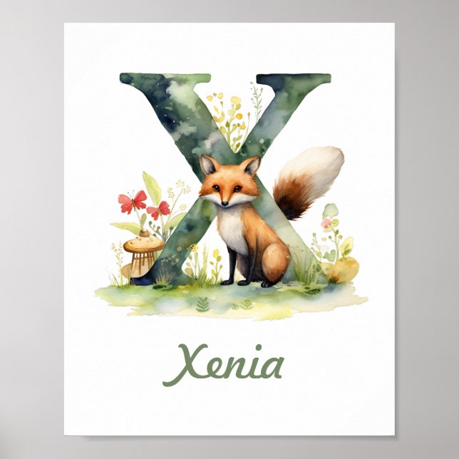 Monogrammed Name Nursery Poster Woodland Letter X (Front)