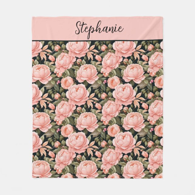 Monogrammed Name Peach Pink Floral Flowers  Fleece Blanket (Front)