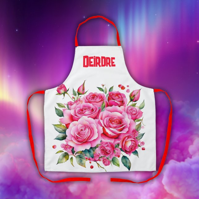 Monogrammed Name Pink Roses | Apron (Creator Uploaded)
