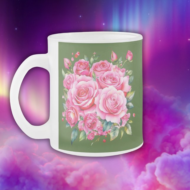 Monogrammed Name Pink Roses | Frosted Glass Coffee Mug (Creator Uploaded)