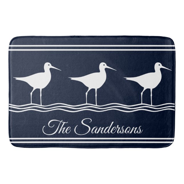 Monogrammed Name Sand Pipers Navy Blue Bath Mat (Front)