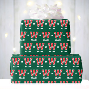 Monogrammed Name Star Red Green Custom Wrapping Paper