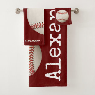 Monogrammed name, Vintage Baseball  Maroon rust Bath Towel Set
