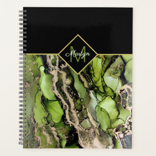 Monogrammed Named Black Green Gold Abstract Planner