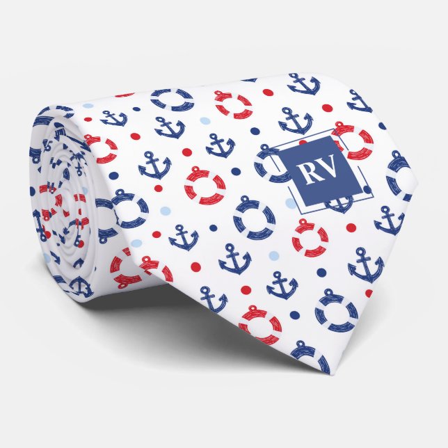 Monogrammed Nautical Anchors & Lifebuoys Tie (Rolled)