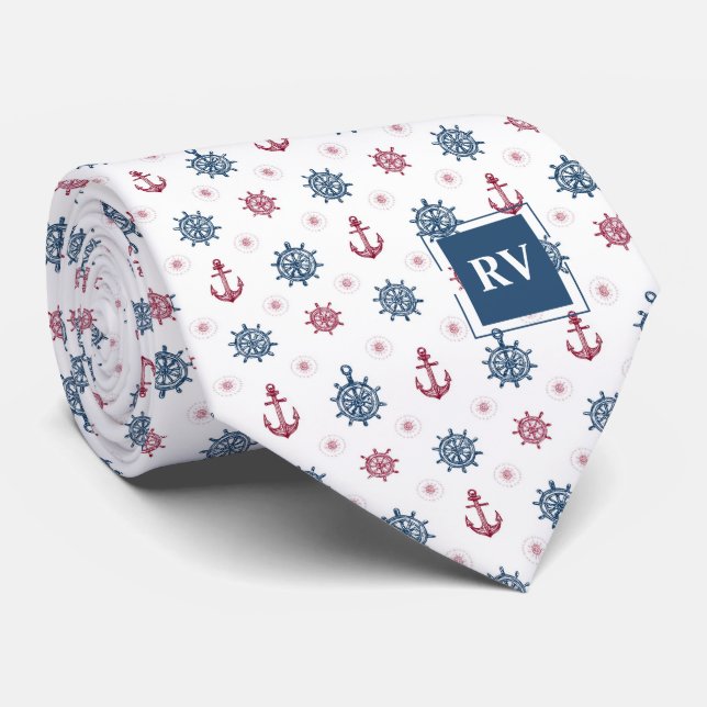 Monogrammed Nautical Anchors & Ship Wheels Tie (Rolled)