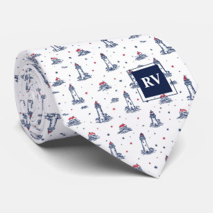 Monogrammed Nautical Lighthouses & Waves Tie