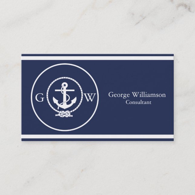 Monogrammed Nautical Navy Blue Anchor and Line Business Card (Front)