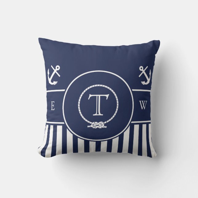 Monogrammed Nautical Navy Blue Anchor and Line Cushion (Front)