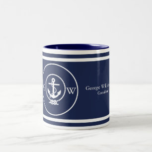 Monogrammed Nautical Navy Blue Anchor and Line Two-Tone Coffee Mug