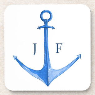 Monogrammed Nautical Watercolor Boat Anchor  Coaster