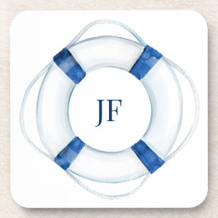 Monogrammed Nautical Watercolor Boat Lifebuoy  Coaster