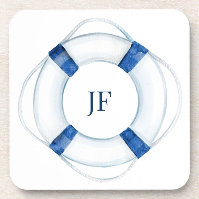 Monogrammed Nautical Watercolor Boat Lifebuoy  Coaster (Front)