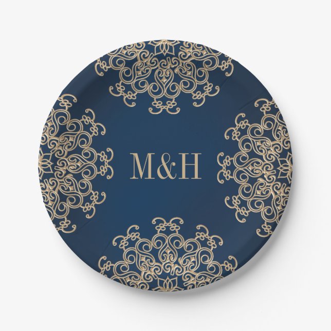 Monogrammed Navy and Gold Indian Style Wedding Paper Plate (Front)