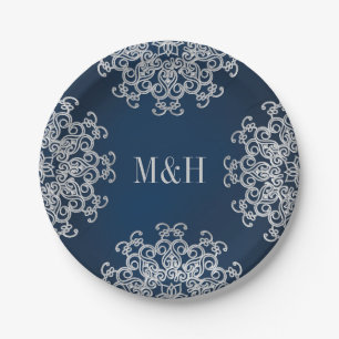 Monogrammed Navy and Silver Indian Style Wedding Paper Plate