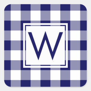Monogrammed Navy and White Gingham Plaid Pattern Square Sticker