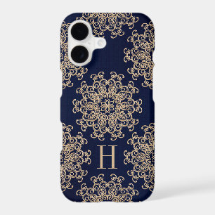 Monogrammed Navy Blue and Gold Exotic Medallion