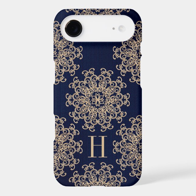 Monogrammed Navy Blue and Gold Exotic Medallion Case-Mate iPhone Case (Back)