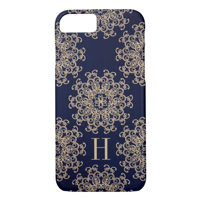 Monogrammed Navy Blue and Gold Exotic Medallion Case-Mate iPhone Case (Back)