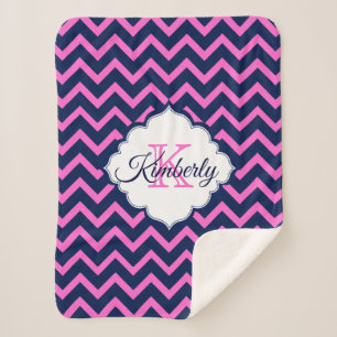 Monogrammed Navy-Blue And Pink Chevron Sherpa Blanket