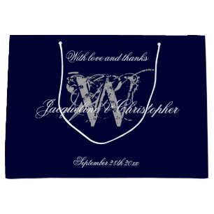 Monogrammed Navy Blue And Silver Chic Wedding Large Gift Bag