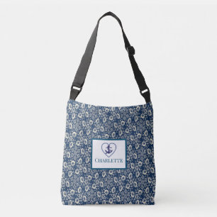 Monogrammed Navy Blue And White Floral Tote Bag