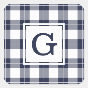 Monogrammed Navy Blue and White Plaid Pattern Square Sticker