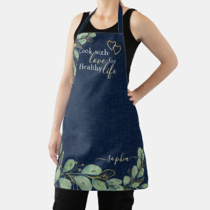 Monogrammed Navy Blue Eucalyptus Greenery Kitchen Apron