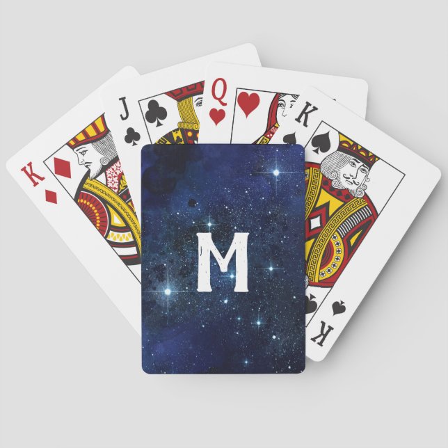 Monogrammed Navy Blue Galaxy Cluster Poker Cards (Back)