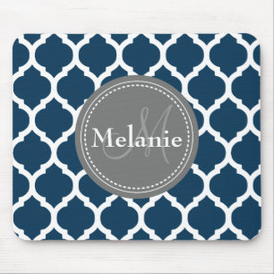 Monogrammed Navy Blue & Grey Quatrefoil Mouse Mat