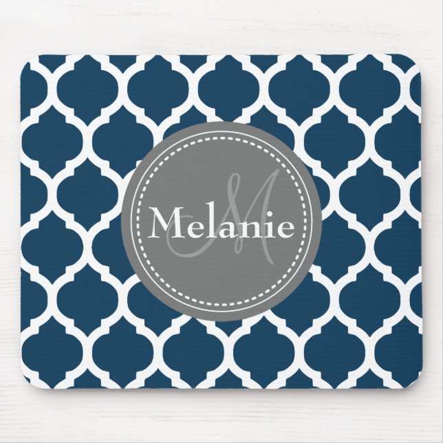 Monogrammed Navy Blue & Grey Quatrefoil Mouse Mat (Front)