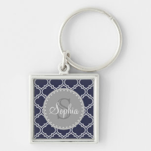 Monogrammed Navy Blue Lattice Pattern Key Ring