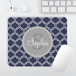 Monogrammed Navy Blue Lattice Pattern Mouse Mat