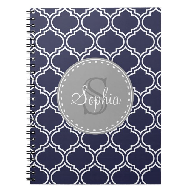 Monogrammed Navy Blue Lattice Pattern Notebook (Front)