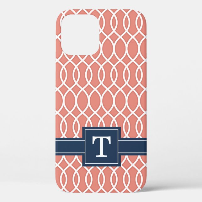 Monogrammed Navy Blue Pink Lattice Pattern Case-Mate iPhone Case (Back)