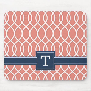 Monogrammed Navy Blue Pink Lattice Pattern Mouse Mat