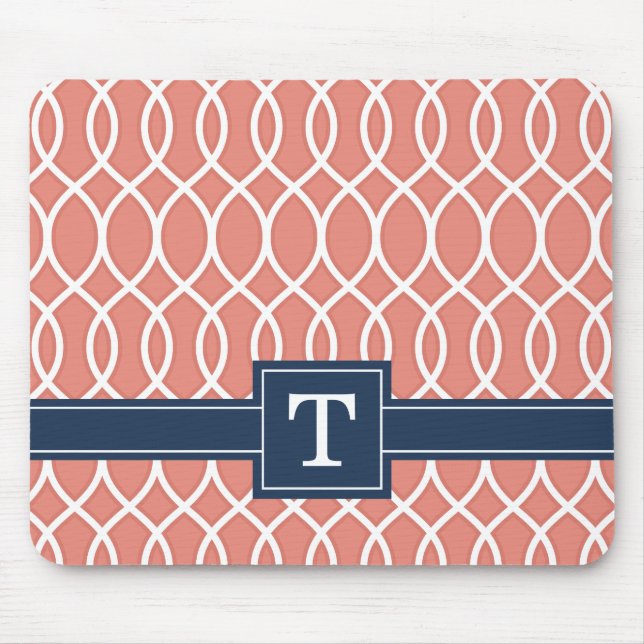 Monogrammed Navy Blue Pink Lattice Pattern Mouse Mat (Front)