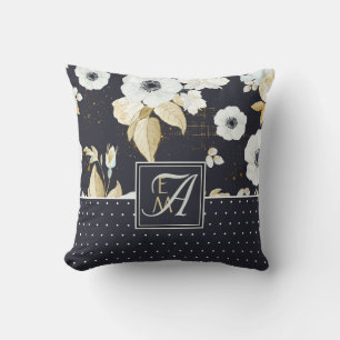 Monogrammed Navy Blue White ANEMONE Floral Decor Cushion
