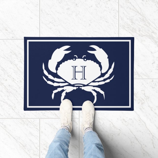 Monogrammed Navy Blue White Crab Nautical Doormat (Indoor)