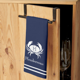 Monogrammed Navy Blue White Crab Nautical Tea Towel