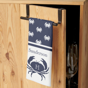 Monogrammed Navy Blue White Crab Nautical Tea Towel